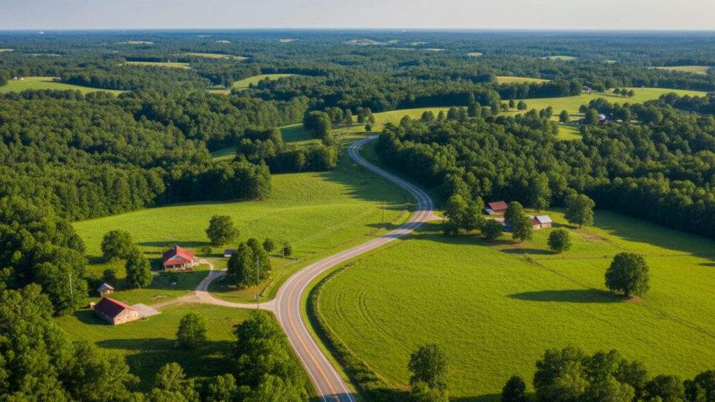 Two-lane road cutting through the rolling green hills of rural Alabama, flanked by dense forests and scattered farmhouses under a bright, sunny sky.