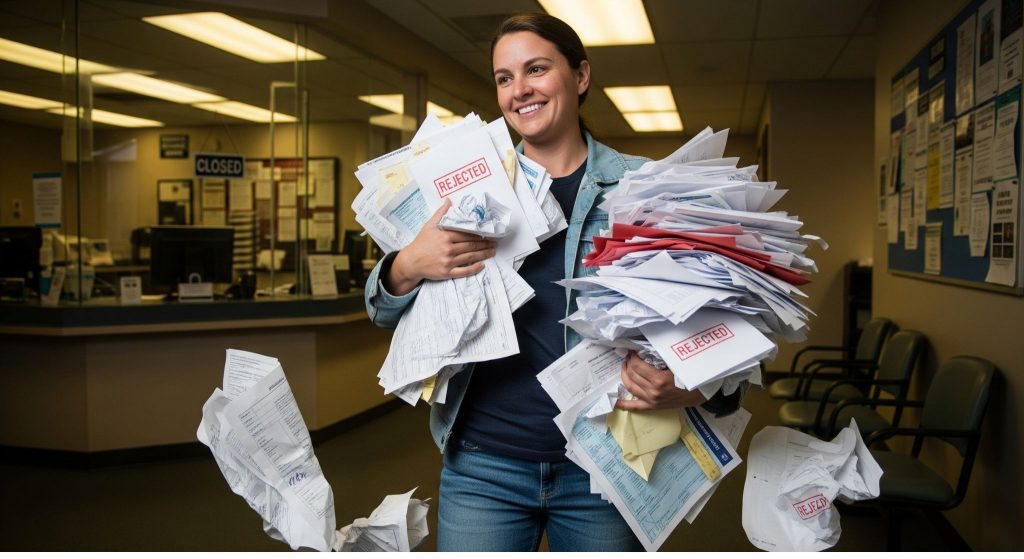 person leaving the DMV office smiling confidently as they gather up a large pile of crumpled, rejected paperwork but they got a solution.