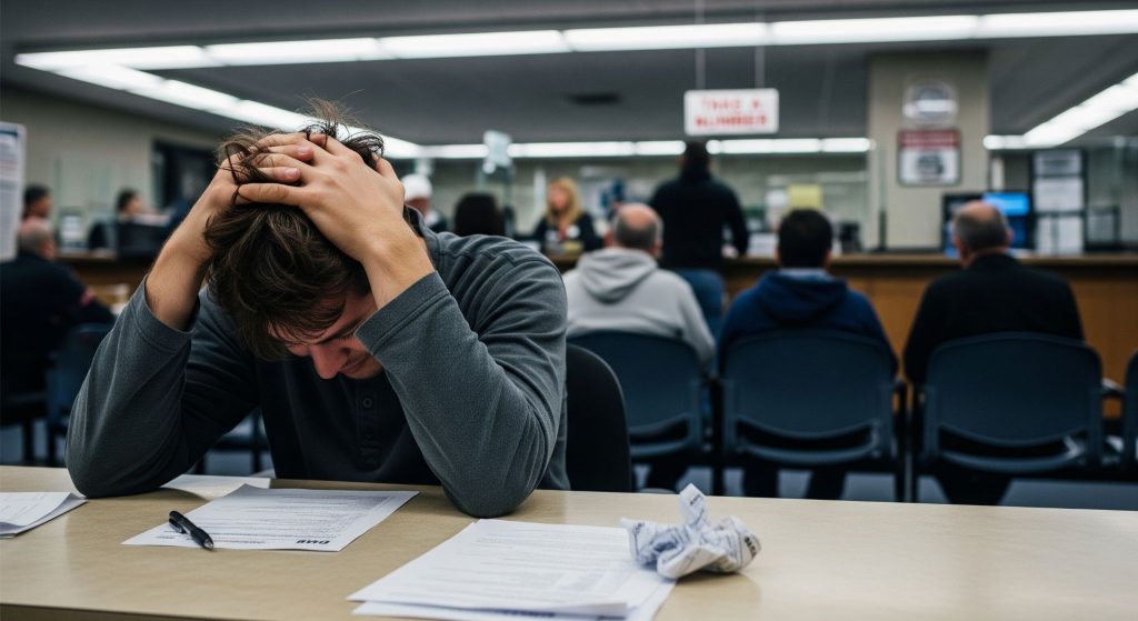 person sitting at a counter in what appears to be a DMV office, with their head in their hands, looking distressed.