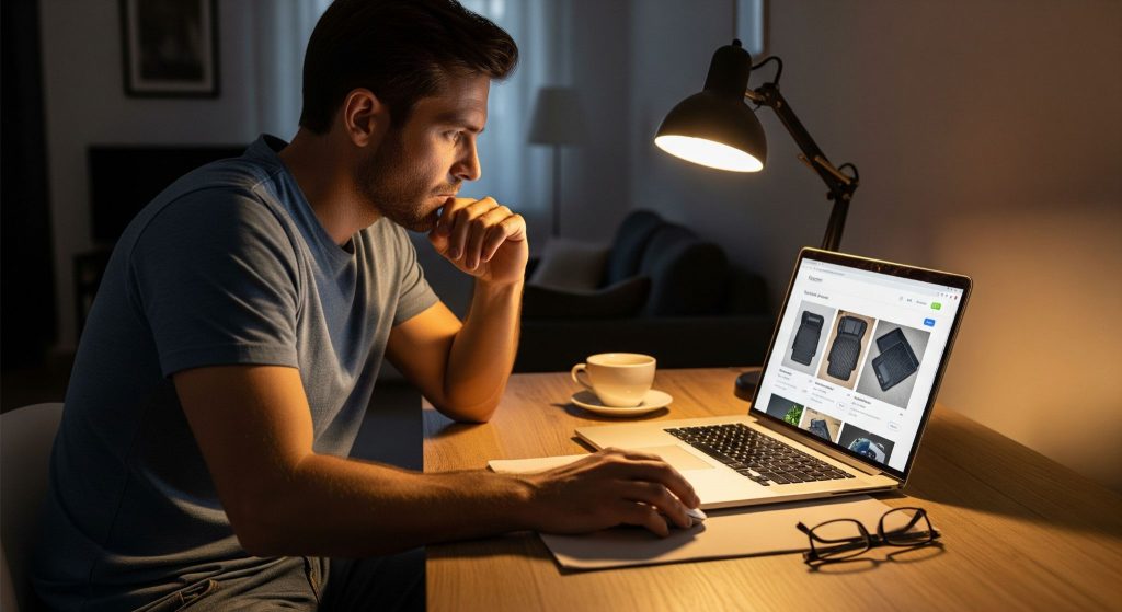 man is browsing online for car rubber mats