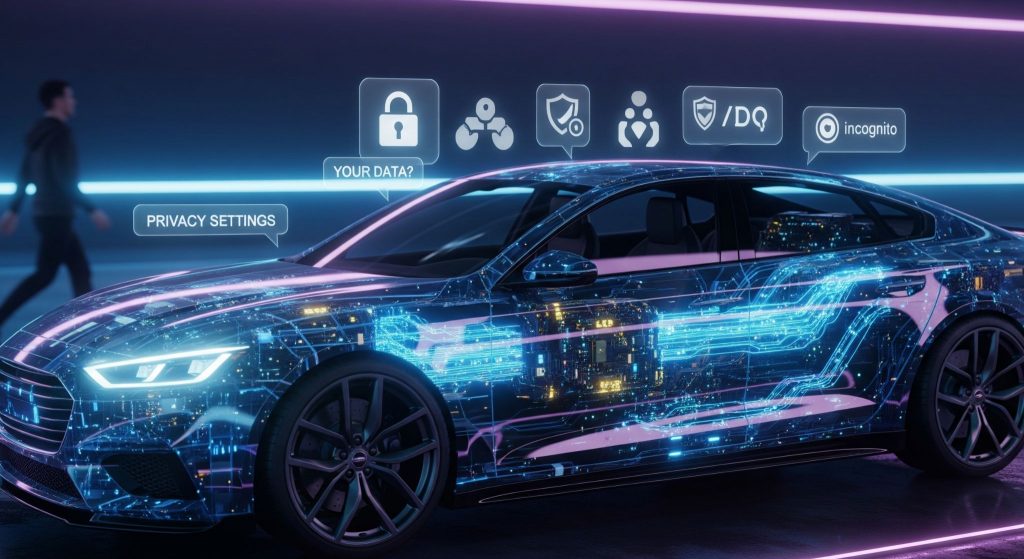 futuristic car with a glowing, circuit-like exterior, visually representing the flow of data, while icons and text bubbles related to privacy