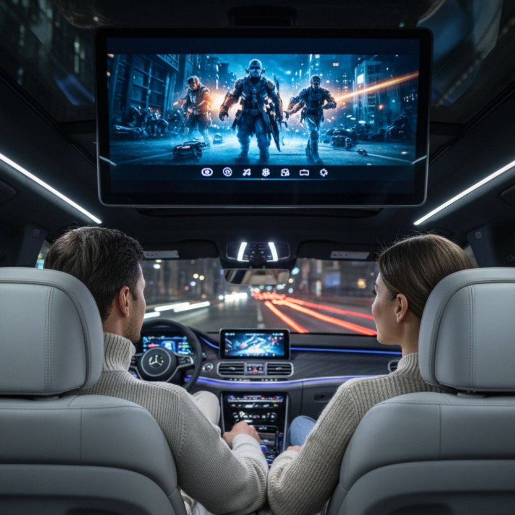 The image shows two people relaxing in the back seat of a car, enjoying a movie on a large, high-quality OLED screen mounted on the rear roof.