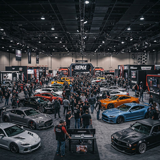 The image shows a bustling SEMA Show exhibition hall filled with crowds and rows of customized high-performance cars displayed by various automotive brands and aftermarket companies.
