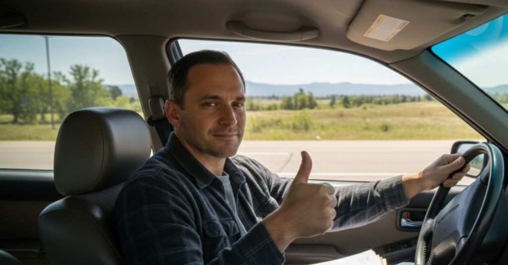 a man giving a thumbs-up from the driver's seat of a car.