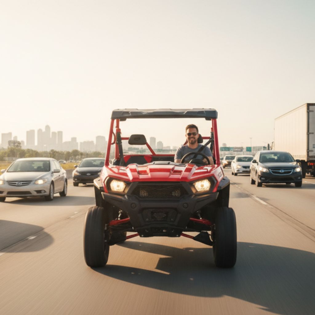 A man drives a red UTV on a busy multi-lane highway, surrounded by cars and a large truck.