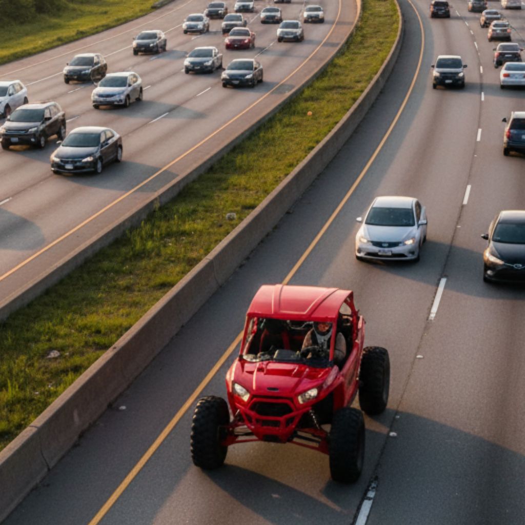 An aerial view captures a red UTV driving on a busy, multi-lane highway toward a distant city skyline.