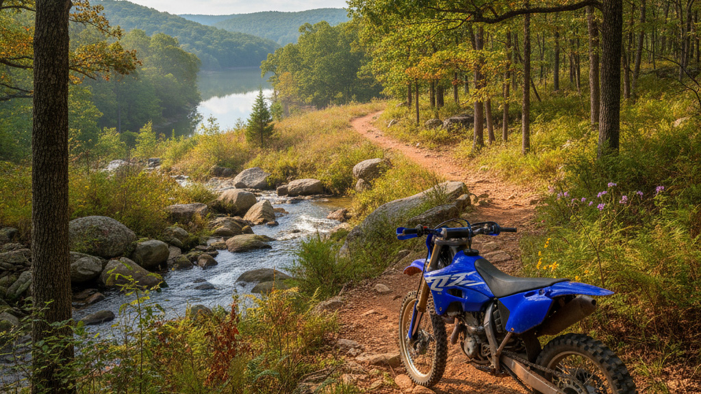 A blue dirt bike parked on a winding dirt trail next to a rocky river in a lush Arkansas forest. Highlights scenic off-road riding areas and trails in Arkansas.