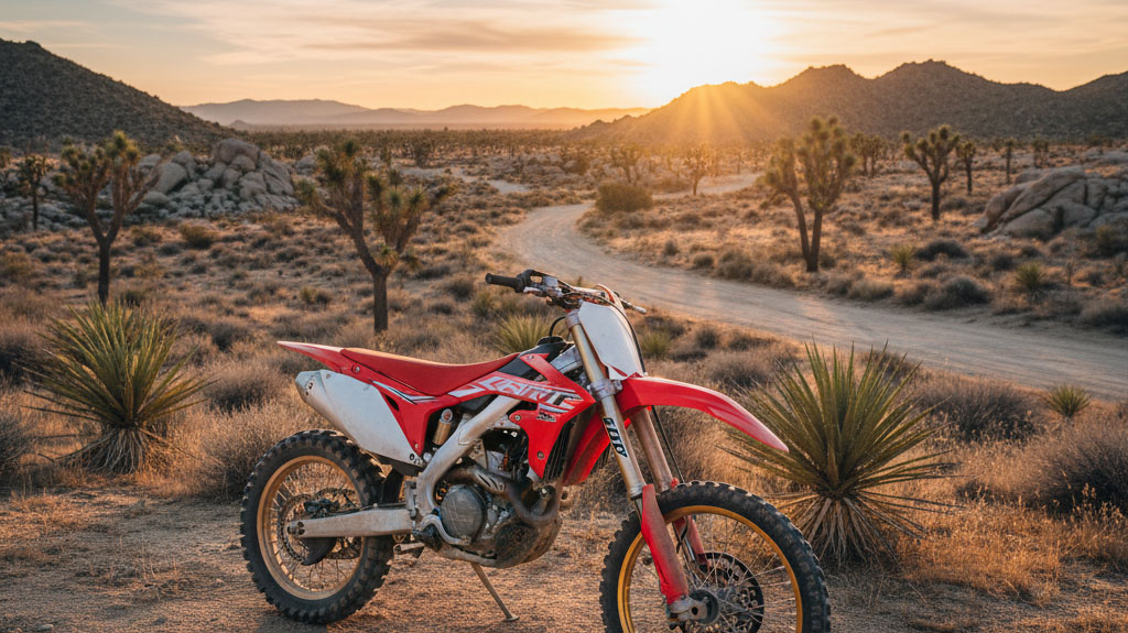 A red dirt bike parked on a dirt trail in the California desert during sunset, with Joshua Trees and mountains in the background. Illustrates legal off-road riding on designated trails in California's unique landscape.