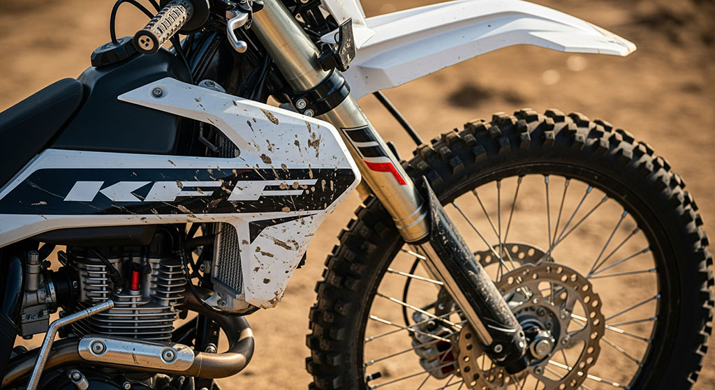 Close-up of a dirty white dirt bike's front wheel, suspension, disc brake, and engine. Highlights essential dirt bike equipment, including DOT-approved tires and other street-legal conversion parts.