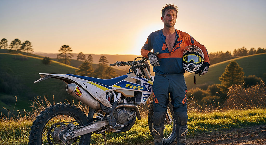 A male dirt bike rider in full gear, holding his helmet, standing next to his KTM dirt bike on a scenic trail at sunset. Emphasizes rider safety, gear, and enjoying off-road trails.
