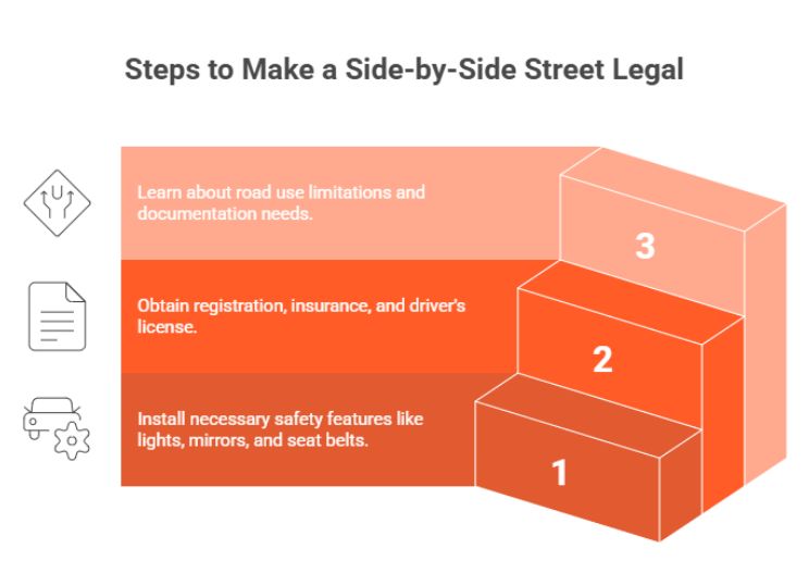 The image is an infographic that shows three steps to make a side-by-side vehicle street legal, presented on a set of stacked blocks.