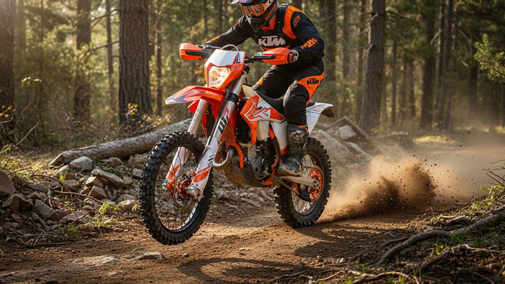 Rider on a 2026 KTM 300 XC-W HardEnduro dirt bike jumping over a bump on a forest trail, kicking up dirt.