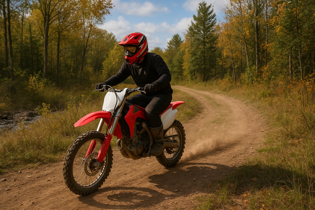 Dirt bike rider on a trail in Missouri’s Ozark forest kicking up dust during autumn.