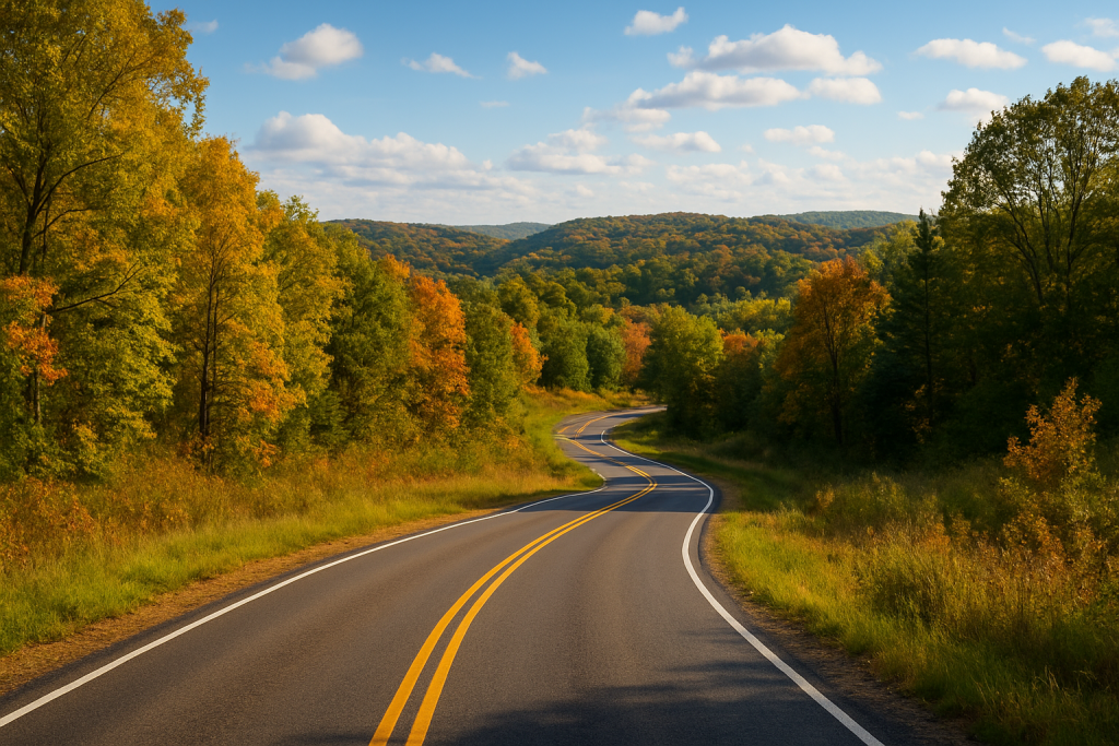 Curving scenic road through Missouri’s Ozark hills lined with trees and rolling terrain.