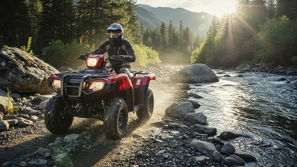 Rider on a red 2026 Honda FourTrax Foreman Rubicon ATV splashing through a shallow river on a rocky trail with sun flare.