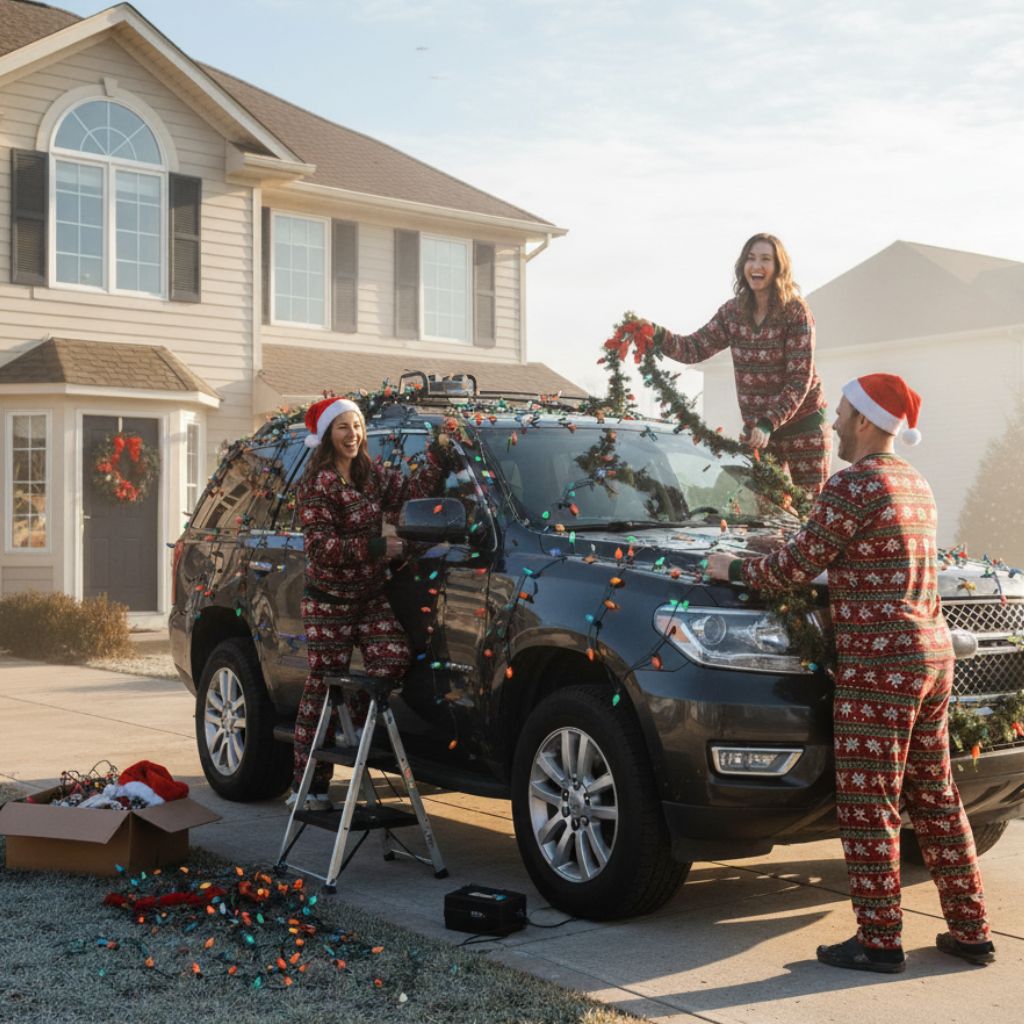 A festive trio in matching pajamas transforms their SUV into a rolling holiday light show, proving that driveway decorating is a family tradition worth lighting up.