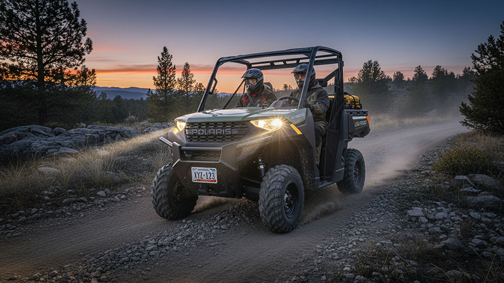 2026 Polaris RANGER 1000 UTV with a valid license plate driving on a dirt road at sunset with two riders.