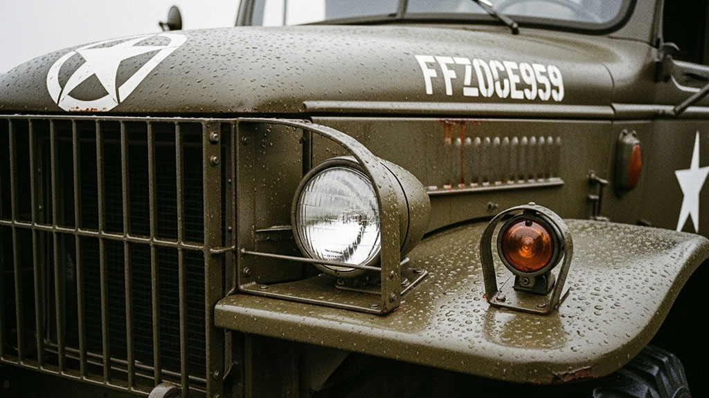 Close-up of the front of a vintage olive green military truck, wet with raindrops, showing the grille, round headlight, amber signal light, and a white star decal on the hood.