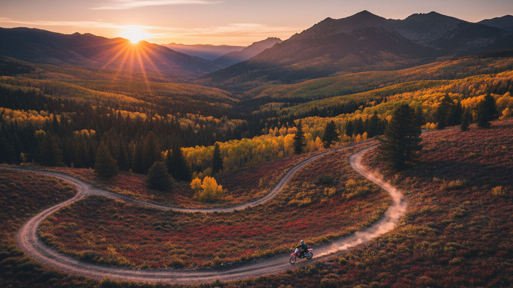 An aerial view of a dirt bike rider on a winding mountain trail during a vibrant fall sunset in Colorado, with golden aspen trees and a vast valley.