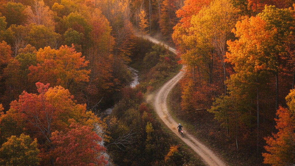 An aerial view of a lone dirt bike rider on a winding dirt trail through a dense forest with vibrant orange and red fall foliage.