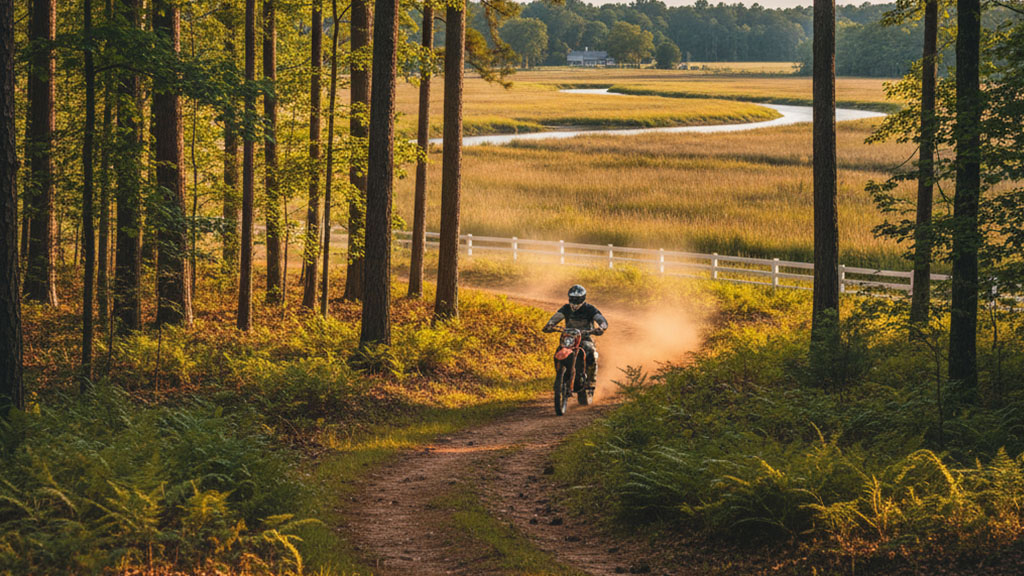 A dirt bike rider kicks up dust on a forested dirt trail, with a winding marsh river and open fields in the background, possibly in Delaware.