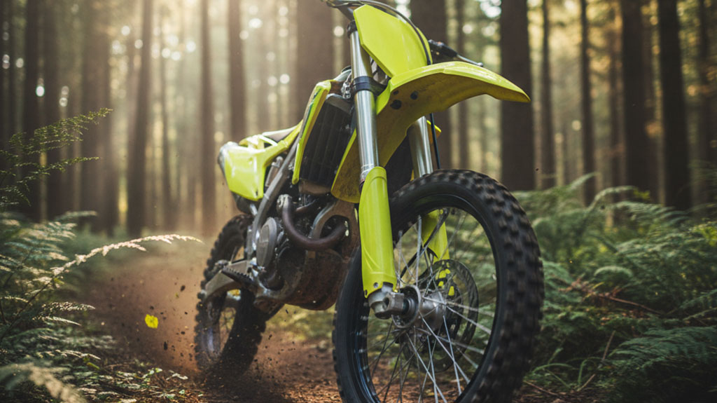Yellow dirt bike stopped on a forest trail surrounded by tall trees and ferns – off-road motorcycle in nature.