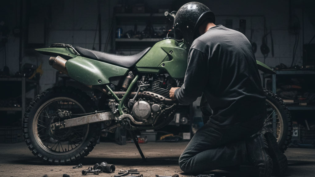 A mechanic in a helmet kneels to work on a green dirt bike's engine in a dimly lit garage, surrounded by tools.