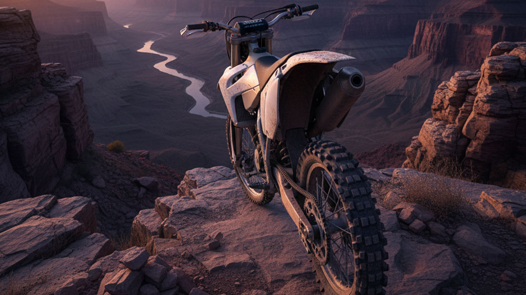 A dirt bike parked on a rocky cliff edge overlooking a vast canyon with a winding river below, at sunset in Louisiana.