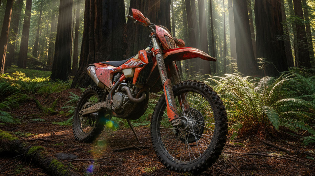 A muddy orange dirt bike parked on a sun-dappled trail in a towering redwood forest, surrounded by ferns.