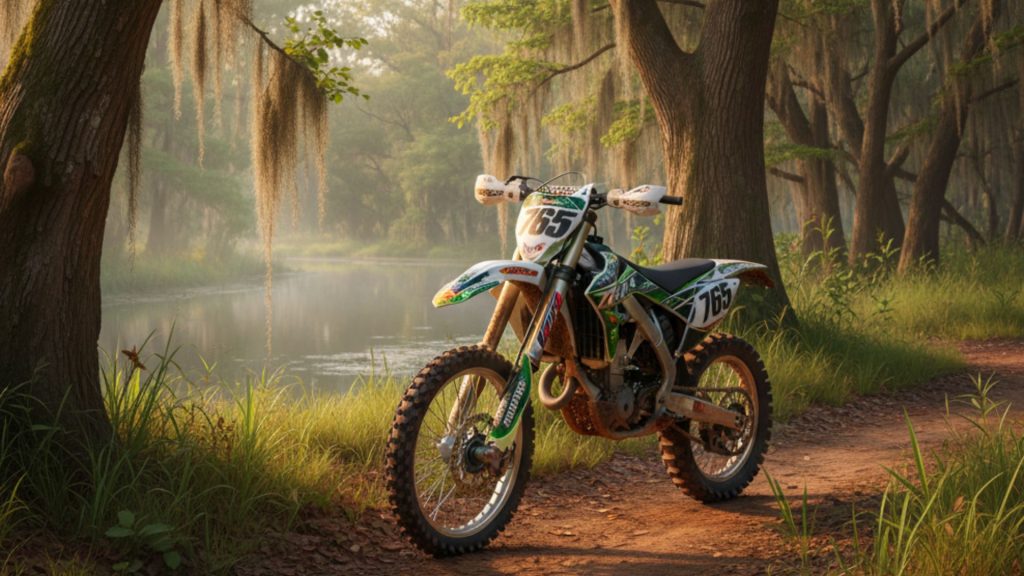 Modern dirt bike parked next to a large oak tree draped with Spanish moss on a flat, sun-dappled Mississippi trail.