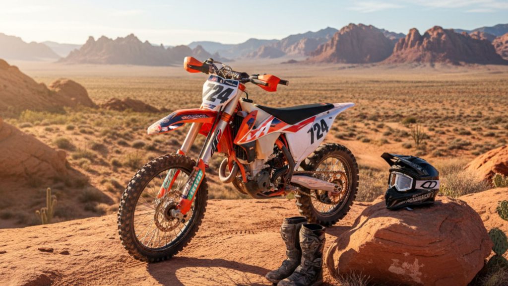 White and orange dirt bike parked on a red rock outcrop in the Nevada desert, with helmet and boots resting nearby, and vast desert landscape with mountains in the background.