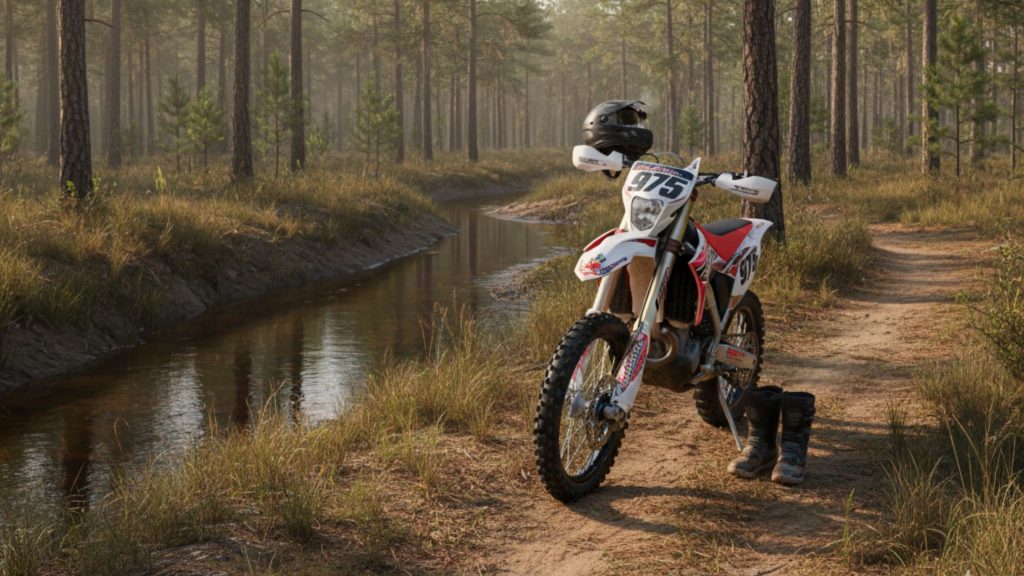 Parked dirt bike on a sandy track next to a small, calm stream, surrounded by sparse pines in the New Jersey Pine Barrens.