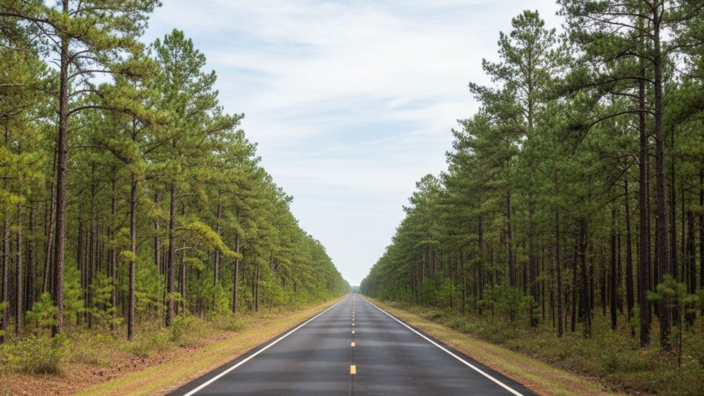 Straight, rural paved road cutting through flat, dense green pine forests of the New Jersey Pine Barrens under a clear sky.