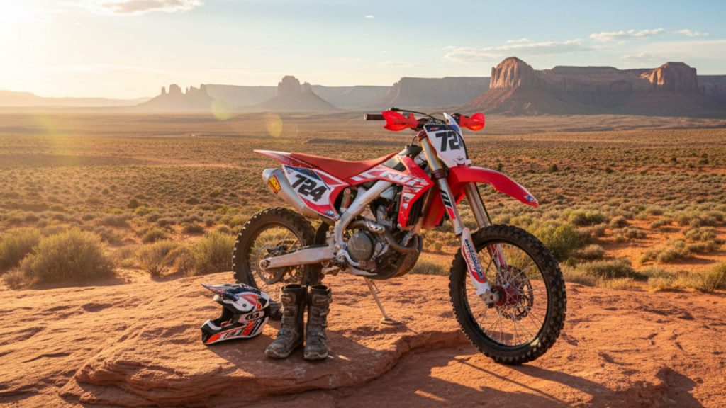 Parked dirt bike on a rocky desert overlook in New Mexico, offering a panoramic view of arid mesas and distant mountains under a vast blue sky.