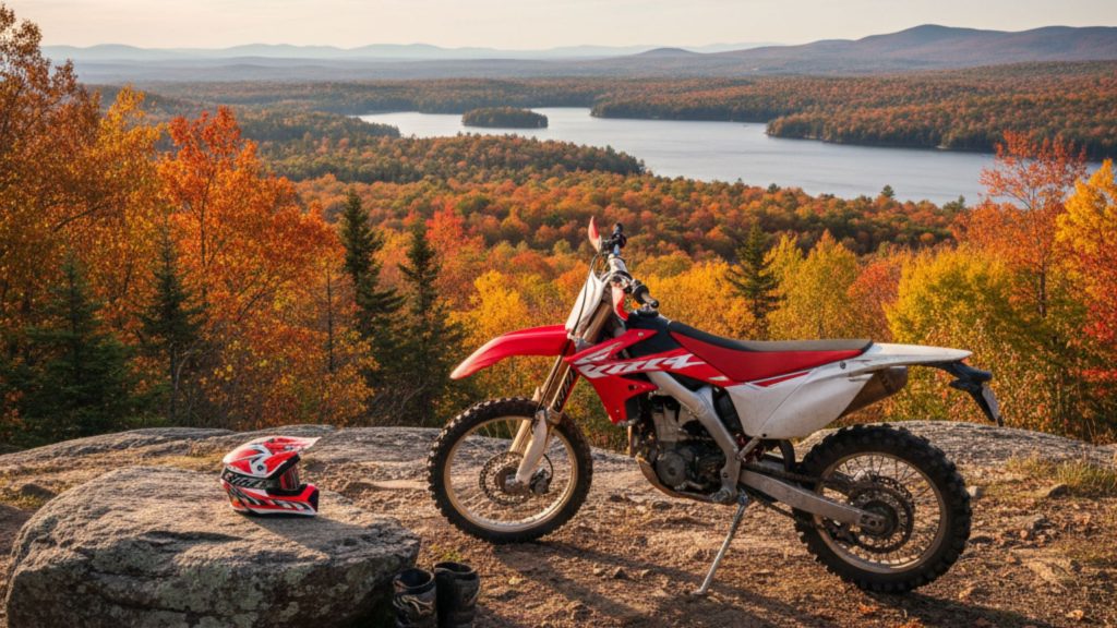 Parked dirt bike on a rocky trail overlooking a serene, vast lake surrounded by dense autumn forests and rolling hills in upstate New York.