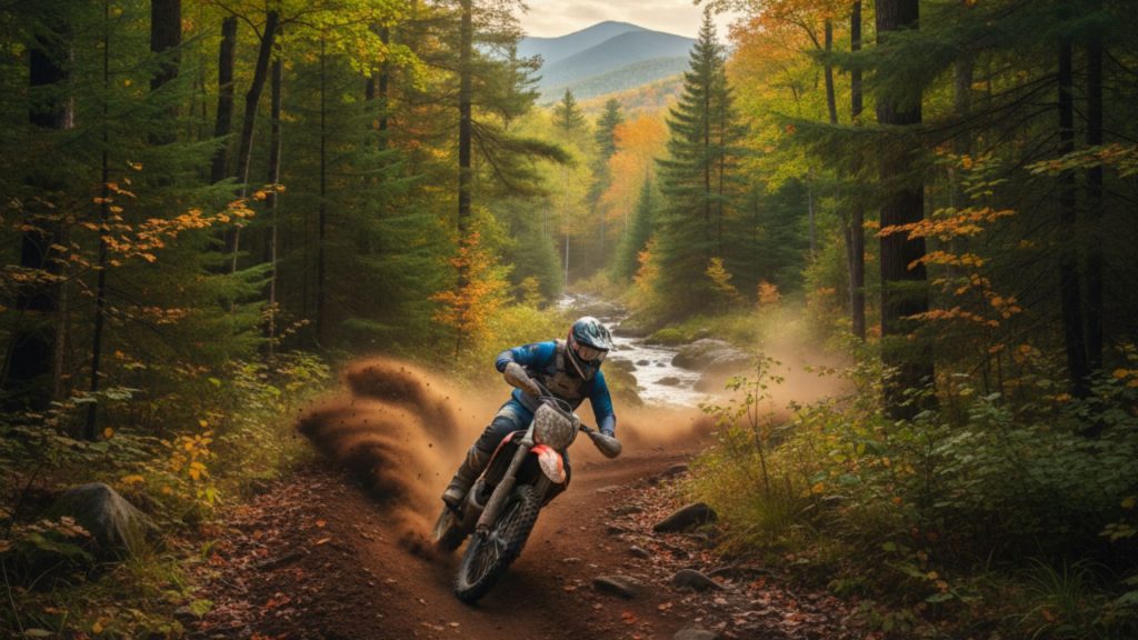 Dirt bike rider kicking up brown dirt on a winding trail through a lush, green forest in the New York upstate mountains.