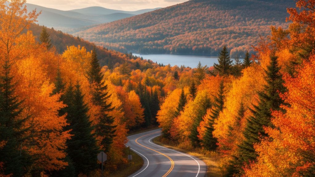 Picturesque, winding two-lane road in upstate New York, flanked by vibrant autumn forests, with rolling hills and a distant lake under a clear sky.