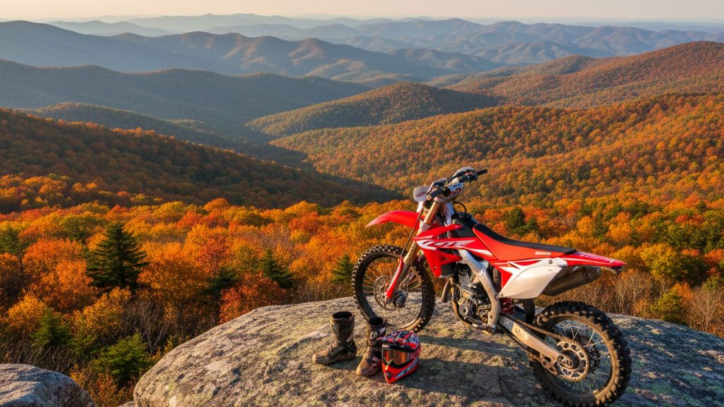 Dirt bike parked on a rocky overlook in the Blue Ridge Mountains of North Carolina, showcasing vast forested peaks and valleys under a clear sky.