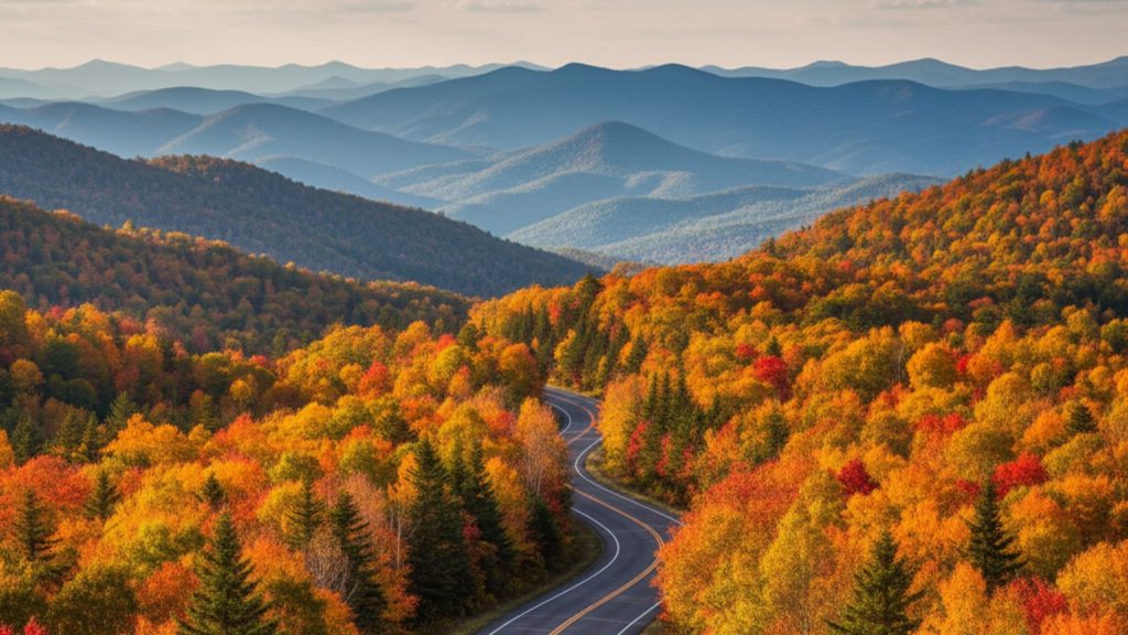 Winding two-lane road in the North Carolina mountains, surrounded by dense forests showcasing vibrant autumn colors with distant peaks under a partly cloudy sky.