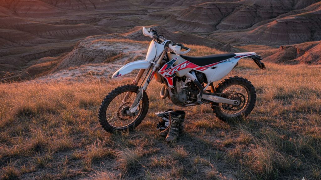Parked dirt bike on a grassy hill overlooking the vast, rolling badlands of North Dakota at sunset.