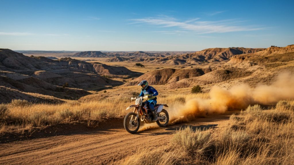 Dirt bike rider kicking up dust on a wide, open trail through the rolling badlands of North Dakota, under a vast blue sky.