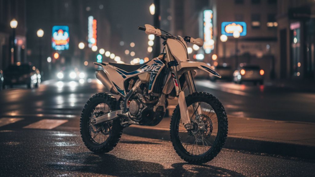 Dirt bike parked under a street light in an Ohio city at night, with blurred city lights and buildings in the background.