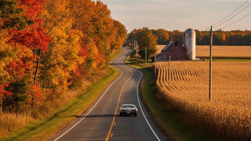 Winding two-lane road in rural Ohio, bordered by a dense autumn forest on one side and an expansive agricultural field with a barn on the other, under a partly cloudy sky.
