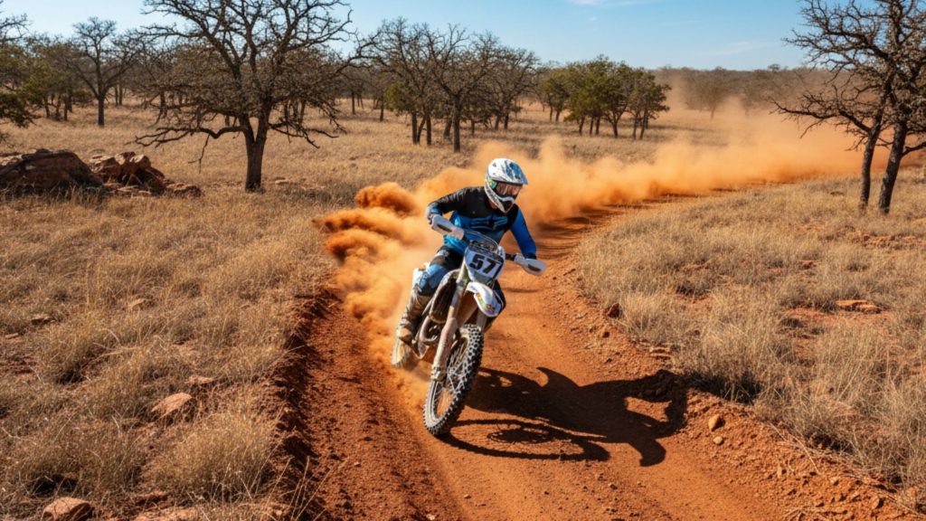Dirt bike rider kicking up red dirt on a winding trail through the cross timbers region of Oklahoma, surrounded by sparse trees and dry grass under a bright sky.