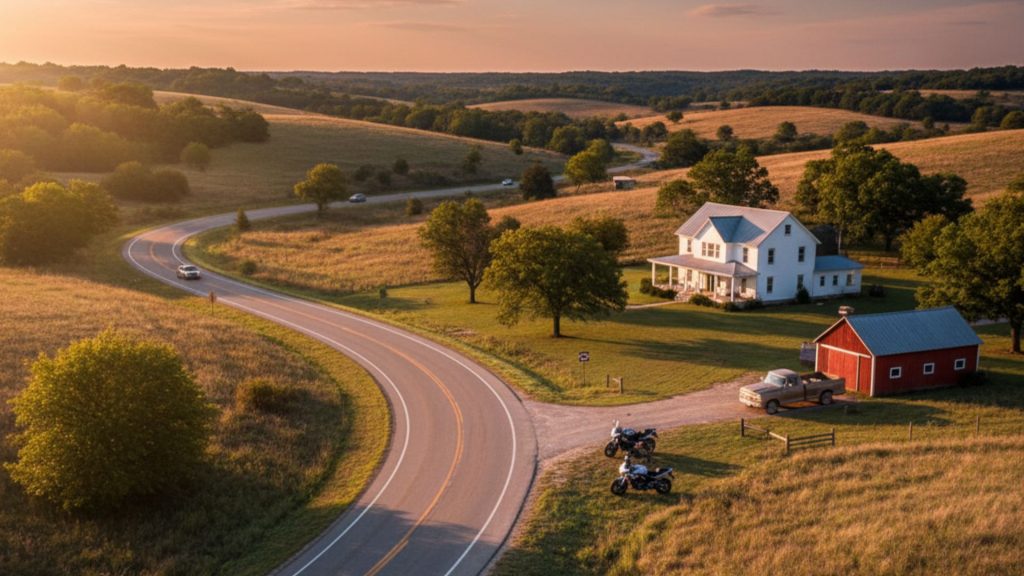 Winding two-lane paved road in rural Oklahoma, passing by a classic farmhouse, a parked pickup truck, and a few street motorcycles, surrounded by rolling hills and scattered trees.