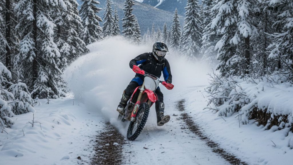 Dirt bike rider kicking up powdery snow on a rugged forest trail in the mountains of Oregon, surrounded by snow-dusted evergreen trees.