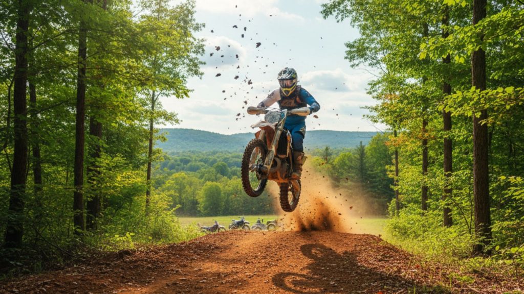 Dirt bike rider airborne over a dirt jump on a wooded trail in rural Pennsylvania, with lush green trees and rolling hills in the background.
