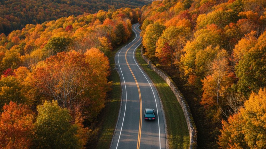 Winding two-lane road cutting through the rolling hills and dense forests of rural Pennsylvania, with vibrant autumn foliage and a historic stone wall.
