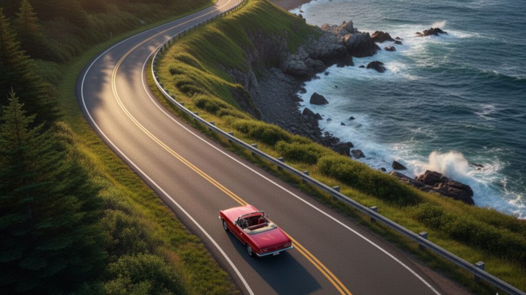 Curving two-lane road along the coastal bluffs of Rhode Island, overlooking the ocean and rocky shoreline, with a lighthouse in the distance.