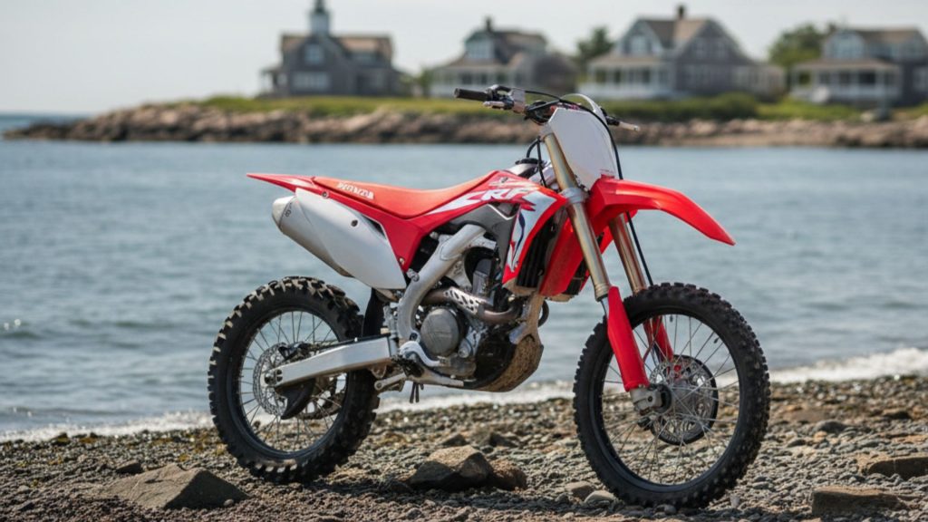 Dirt bike parked on a rocky beach overlooking Narragansett Bay in Rhode Island, with calm water and distant coastal homes under a bright sky.